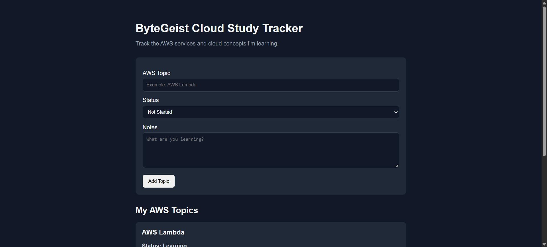 AWS Cloud Study Tracker &mdash; live app screenshot